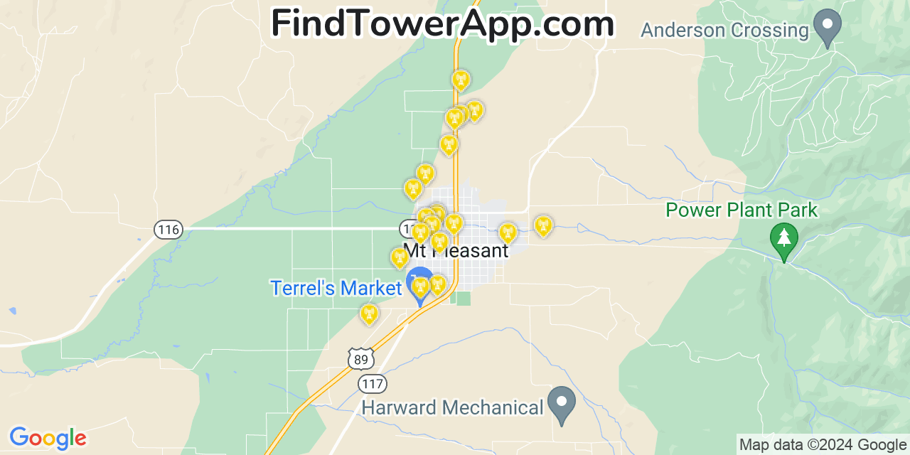 AT&T 4G/5G cell tower coverage map Mount Pleasant, Utah