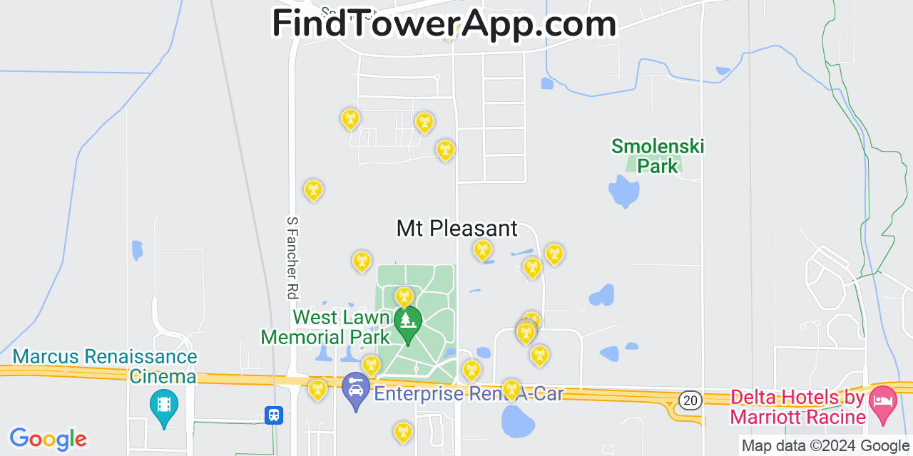 AT&T 4G/5G cell tower coverage map Mount Pleasant, Wisconsin