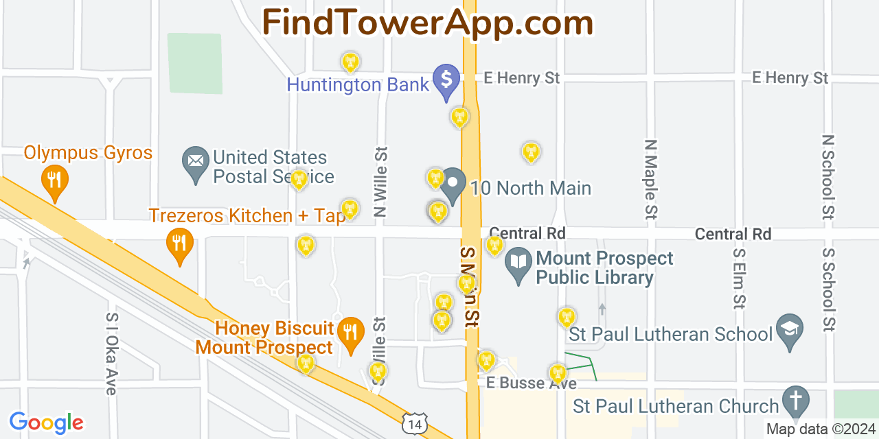 AT&T 4G/5G cell tower coverage map Mount Prospect, Illinois