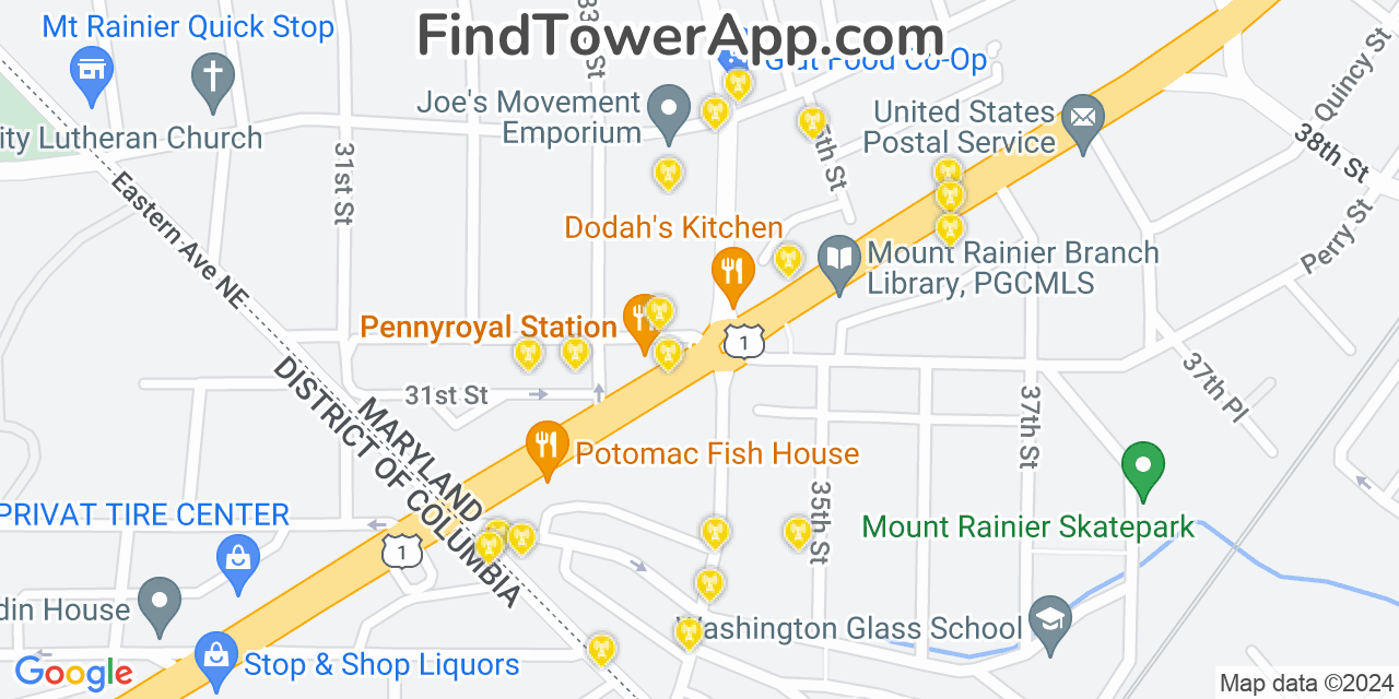 AT&T 4G/5G cell tower coverage map Mount Rainier, Maryland