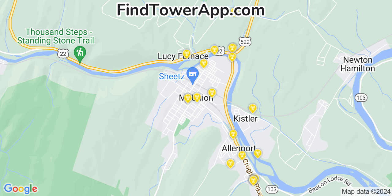 AT&T 4G/5G cell tower coverage map Mount Union, Pennsylvania
