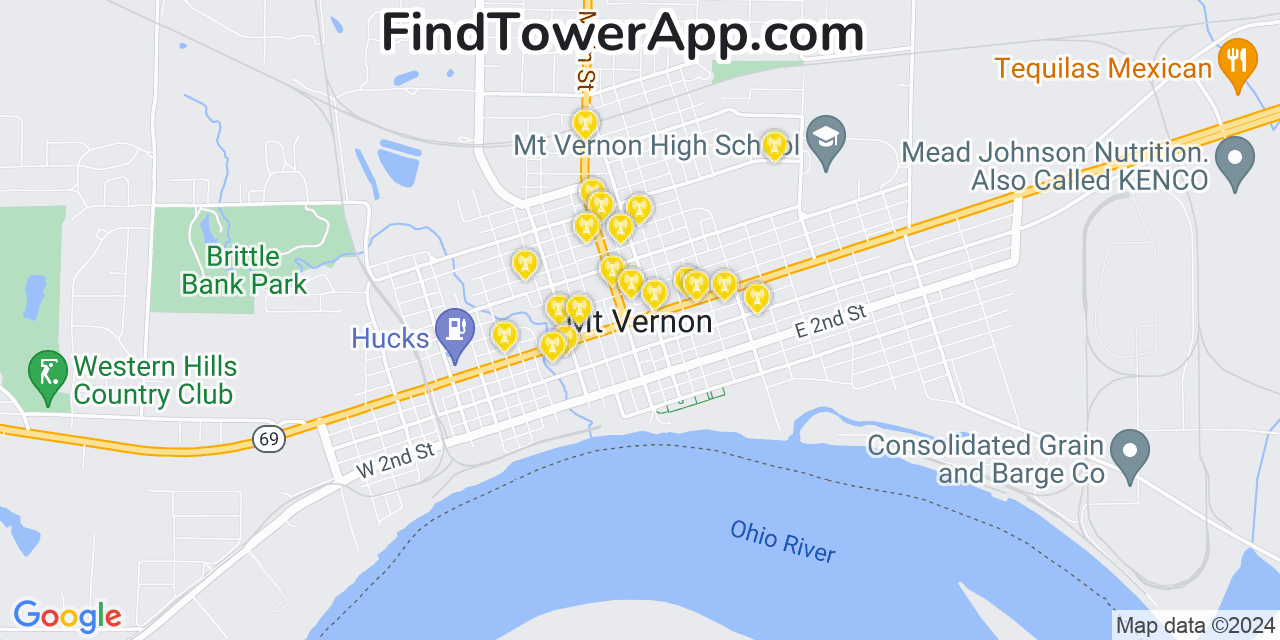 Verizon 4G/5G cell tower coverage map Mount Vernon, Indiana