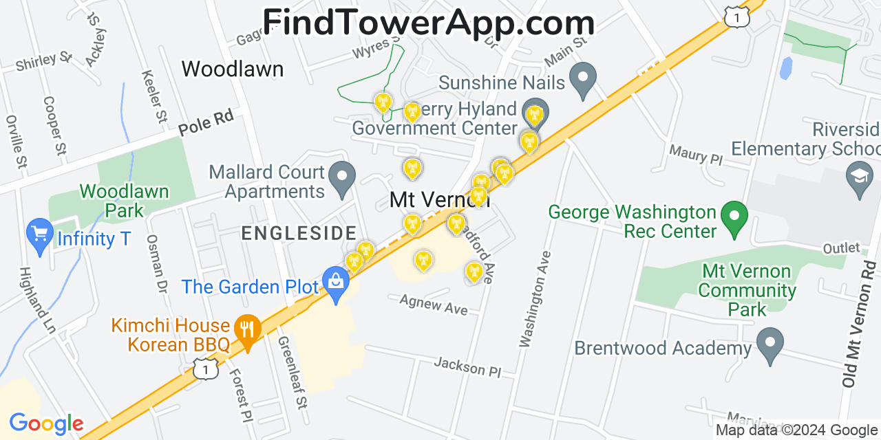 AT&T 4G/5G cell tower coverage map Mount Vernon, Virginia