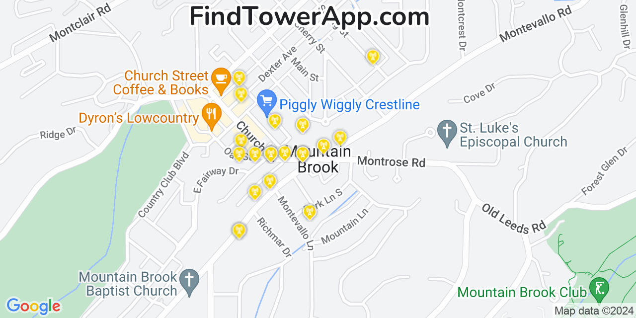 AT&T 4G/5G cell tower coverage map Mountain Brook, Alabama