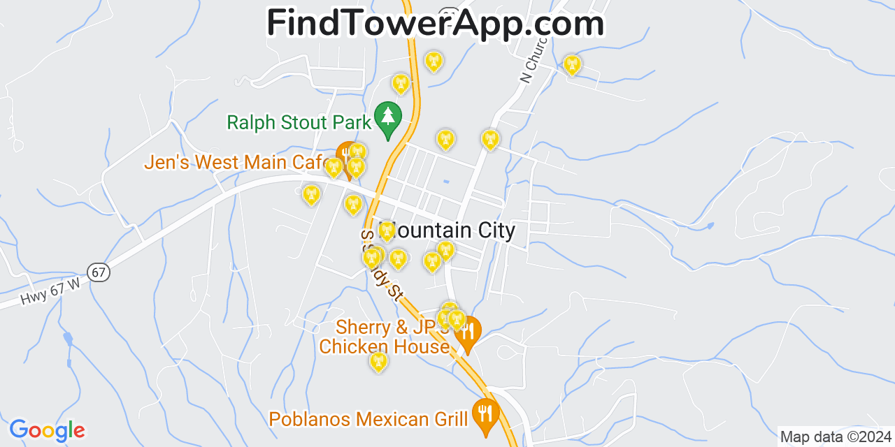 AT&T 4G/5G cell tower coverage map Mountain City, Tennessee