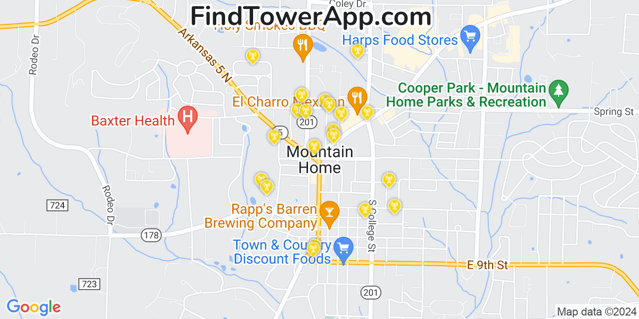 AT&T 4G/5G cell tower coverage map Mountain Home, Arkansas