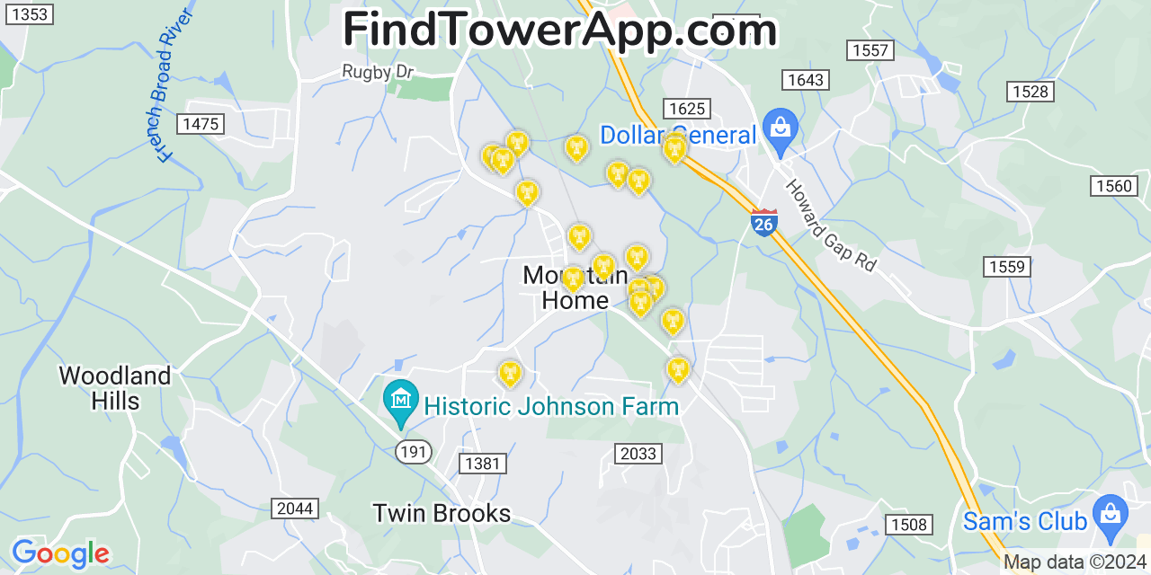 AT&T 4G/5G cell tower coverage map Mountain Home, North Carolina