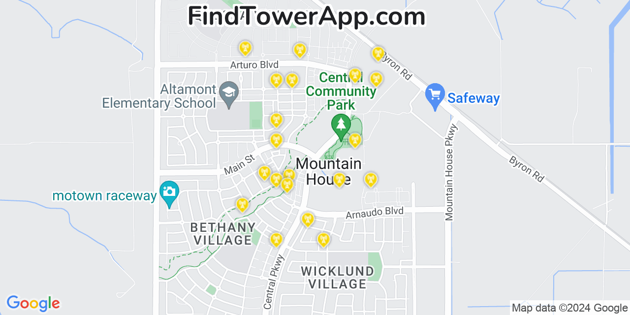 AT&T 4G/5G cell tower coverage map Mountain House, California