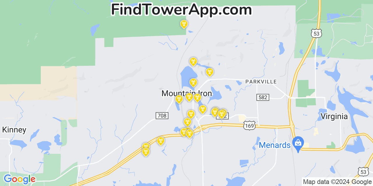 AT&T 4G/5G cell tower coverage map Mountain Iron, Minnesota