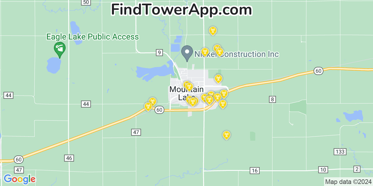 AT&T 4G/5G cell tower coverage map Mountain Lake, Minnesota