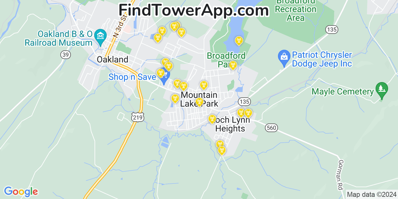 AT&T 4G/5G cell tower coverage map Mountain Lake Park, Maryland