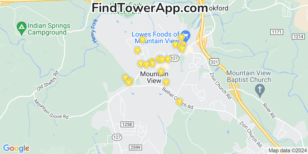 AT&T 4G/5G cell tower coverage map Mountain View, North Carolina