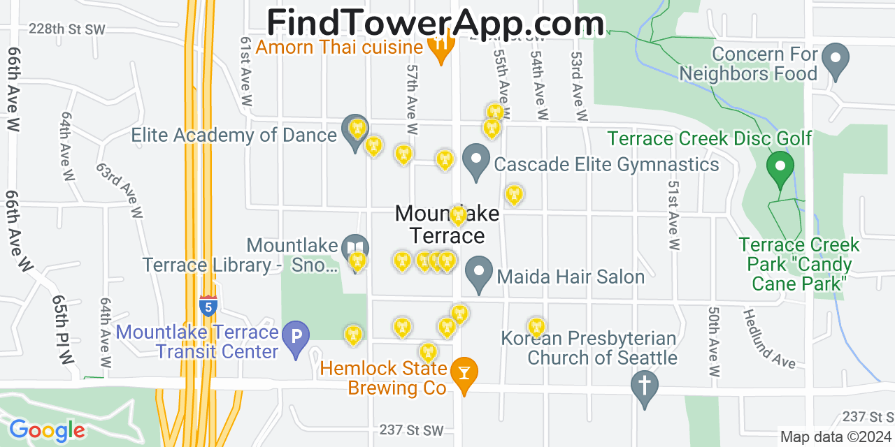 AT&T 4G/5G cell tower coverage map Mountlake Terrace, Washington