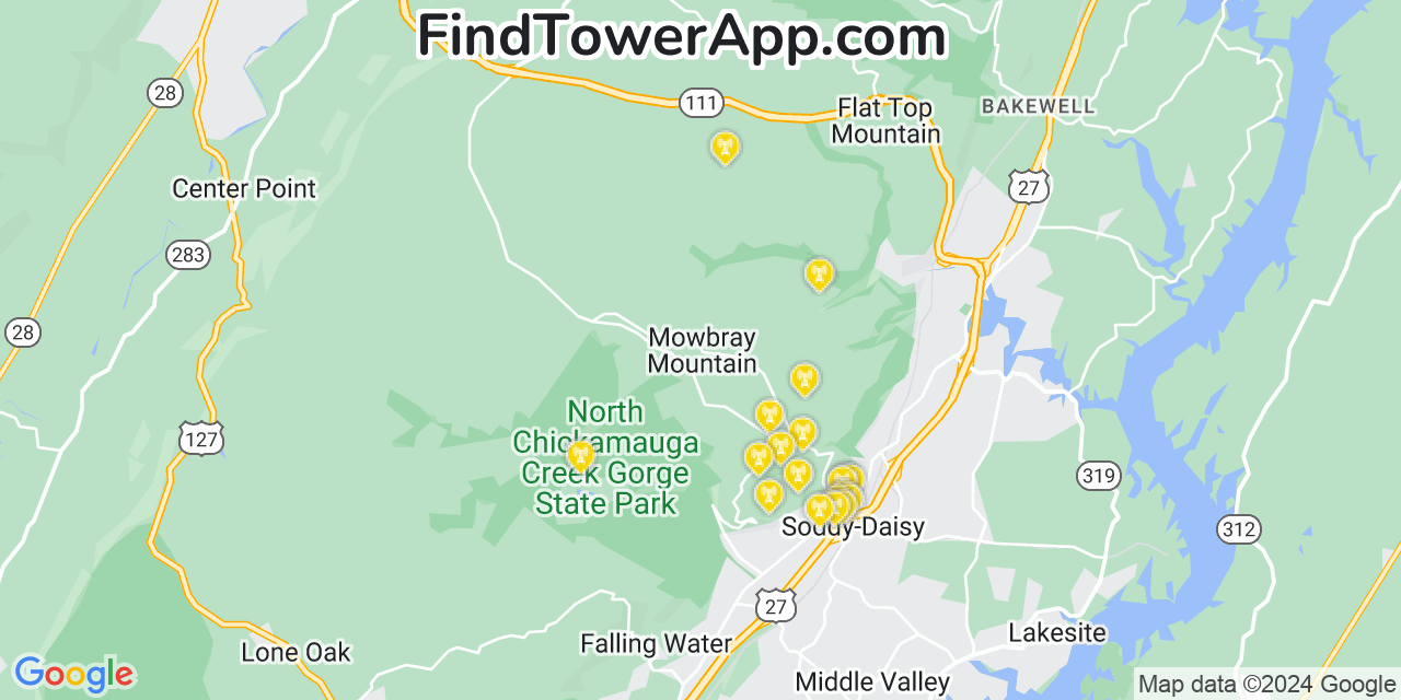 AT&T 4G/5G cell tower coverage map Mowbray Mountain, Tennessee