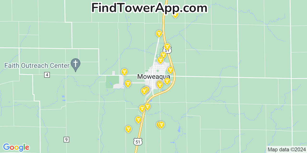 AT&T 4G/5G cell tower coverage map Moweaqua, Illinois