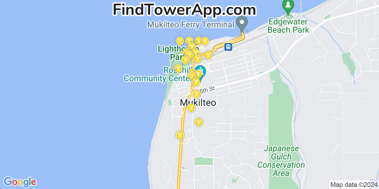 AT&T 4G/5G cell tower coverage map Mukilteo, Washington