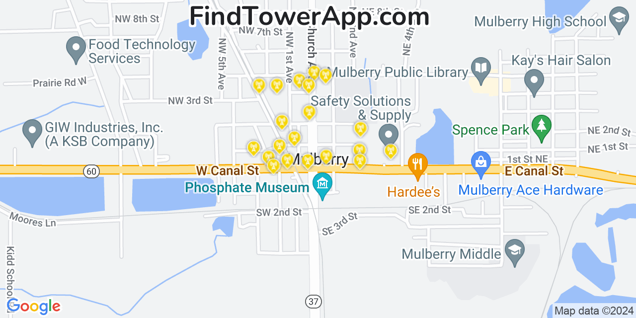 AT&T 4G/5G cell tower coverage map Mulberry, Florida