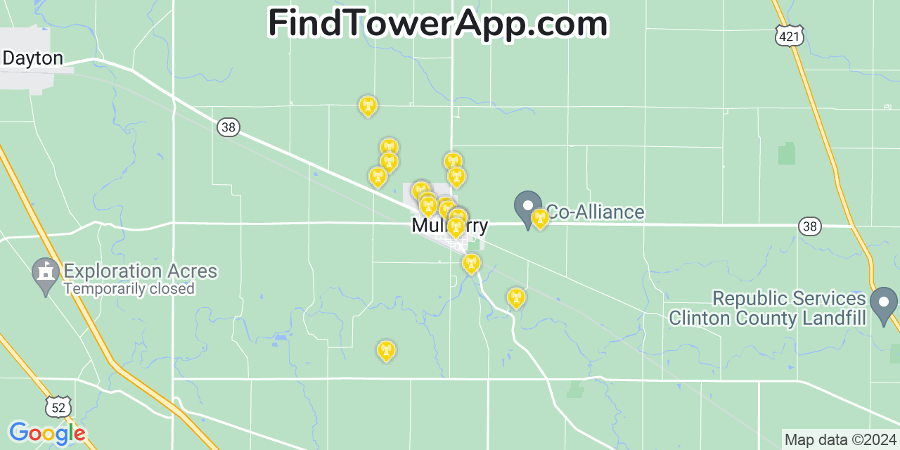 AT&T 4G/5G cell tower coverage map Mulberry, Indiana