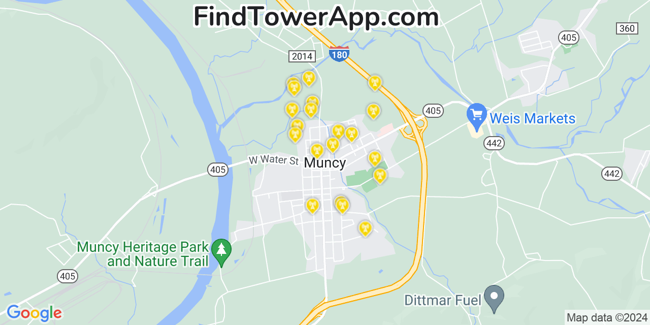 AT&T 4G/5G cell tower coverage map Muncy, Pennsylvania