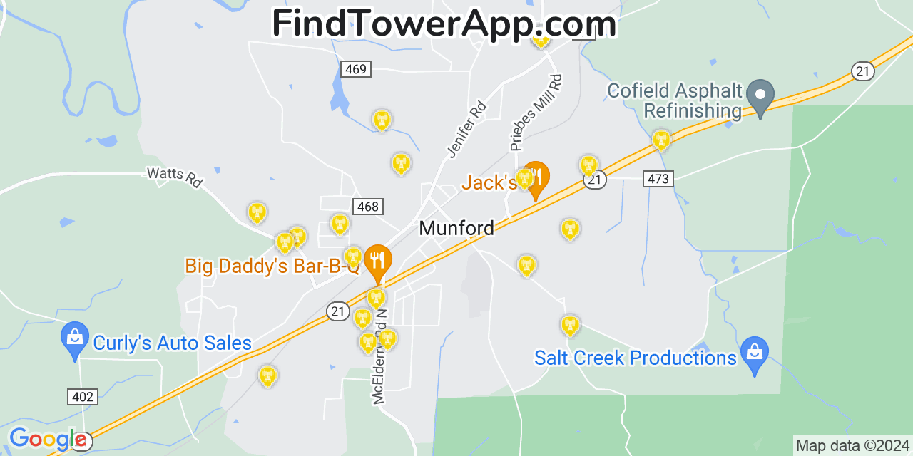 AT&T 4G/5G cell tower coverage map Munford, Alabama