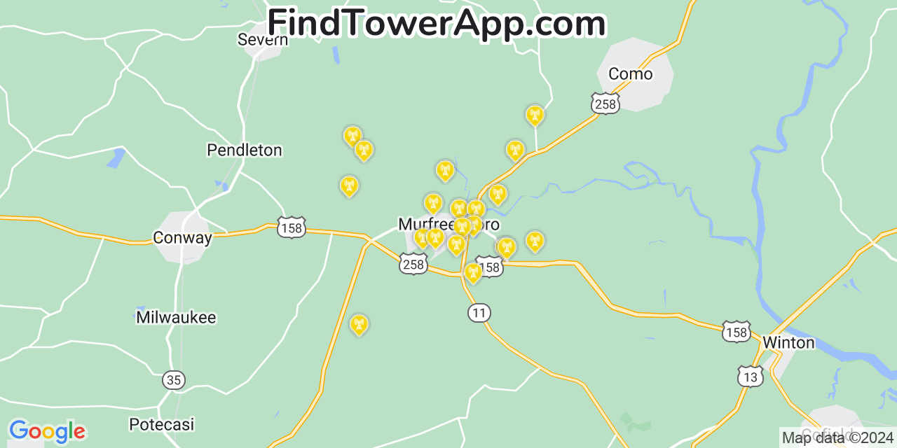 AT&T 4G/5G cell tower coverage map Murfreesboro, North Carolina