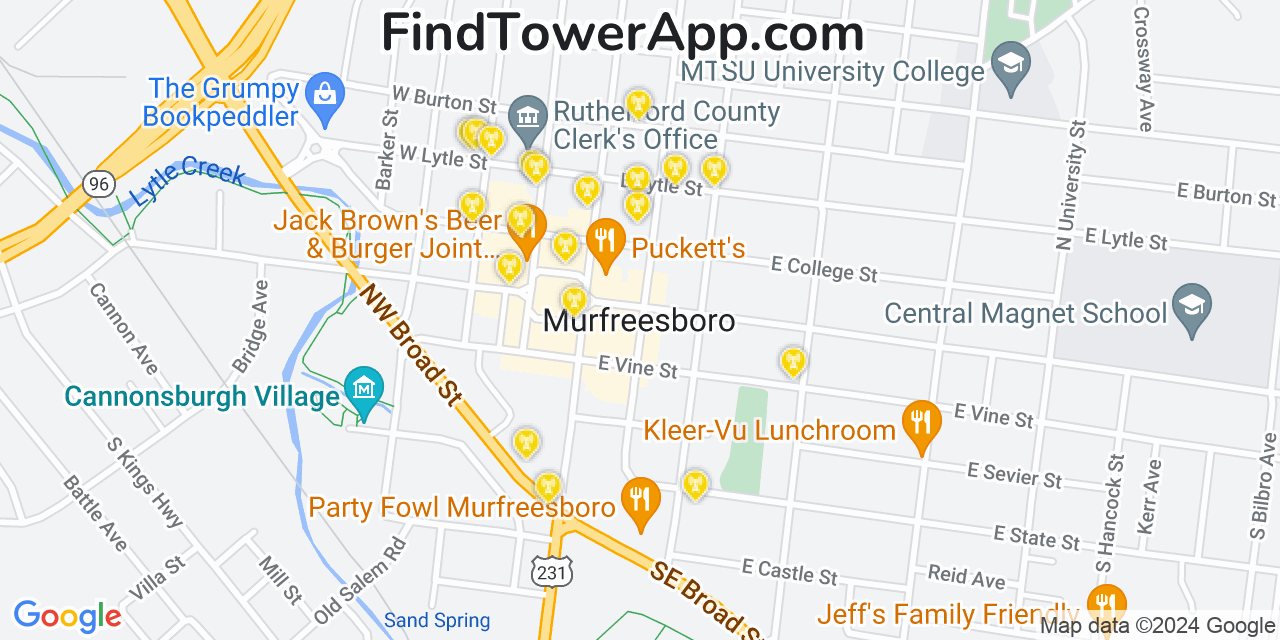 AT&T 4G/5G cell tower coverage map Murfreesboro, Tennessee