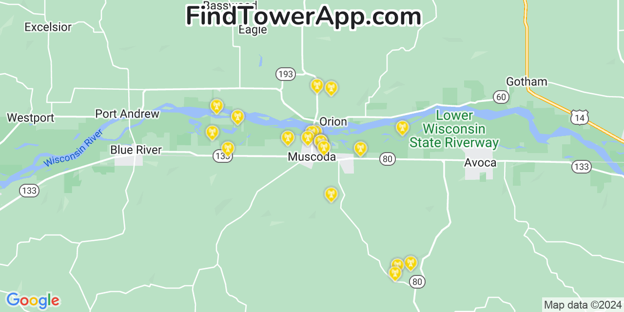 AT&T 4G/5G cell tower coverage map Muscoda, Wisconsin