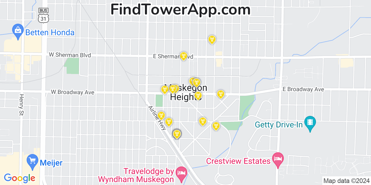 AT&T 4G/5G cell tower coverage map Muskegon Heights, Michigan