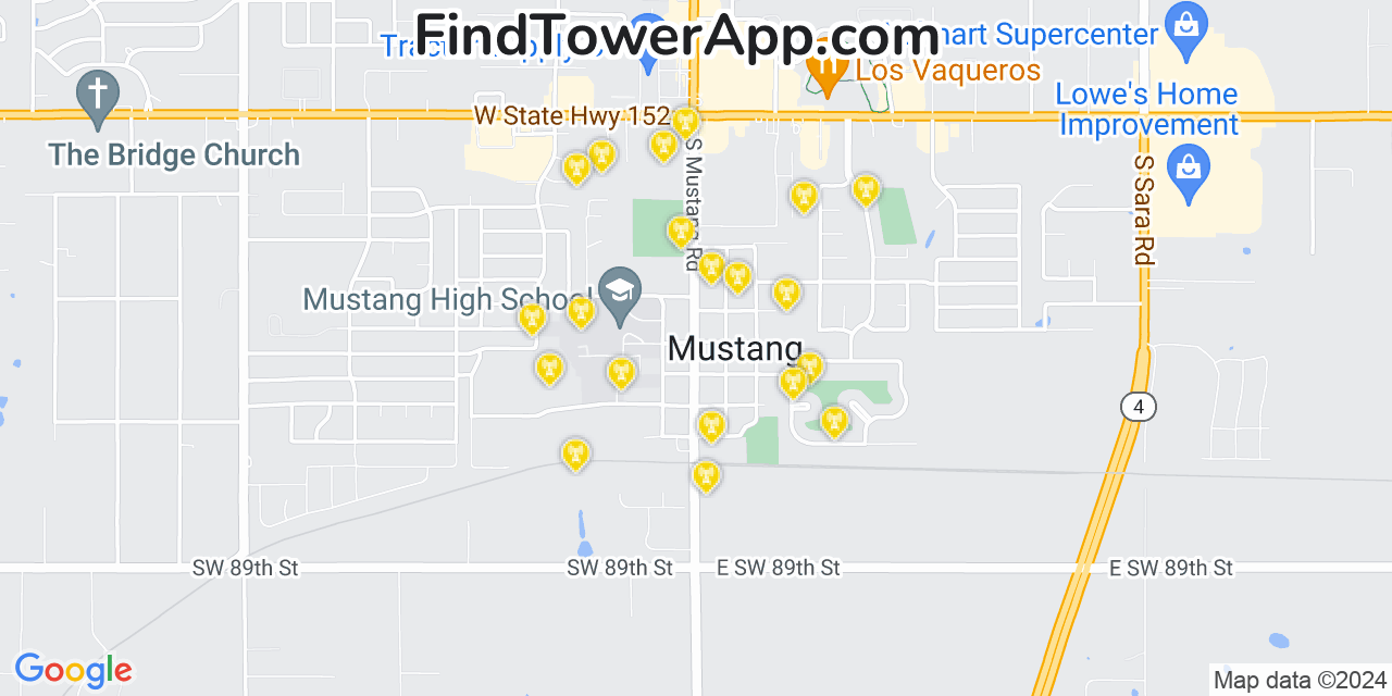 AT&T 4G/5G cell tower coverage map Mustang, Oklahoma