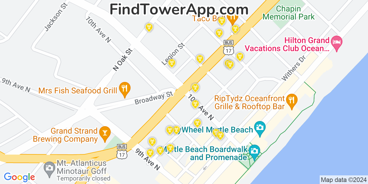 AT&T 4G/5G cell tower coverage map Myrtle Beach, South Carolina