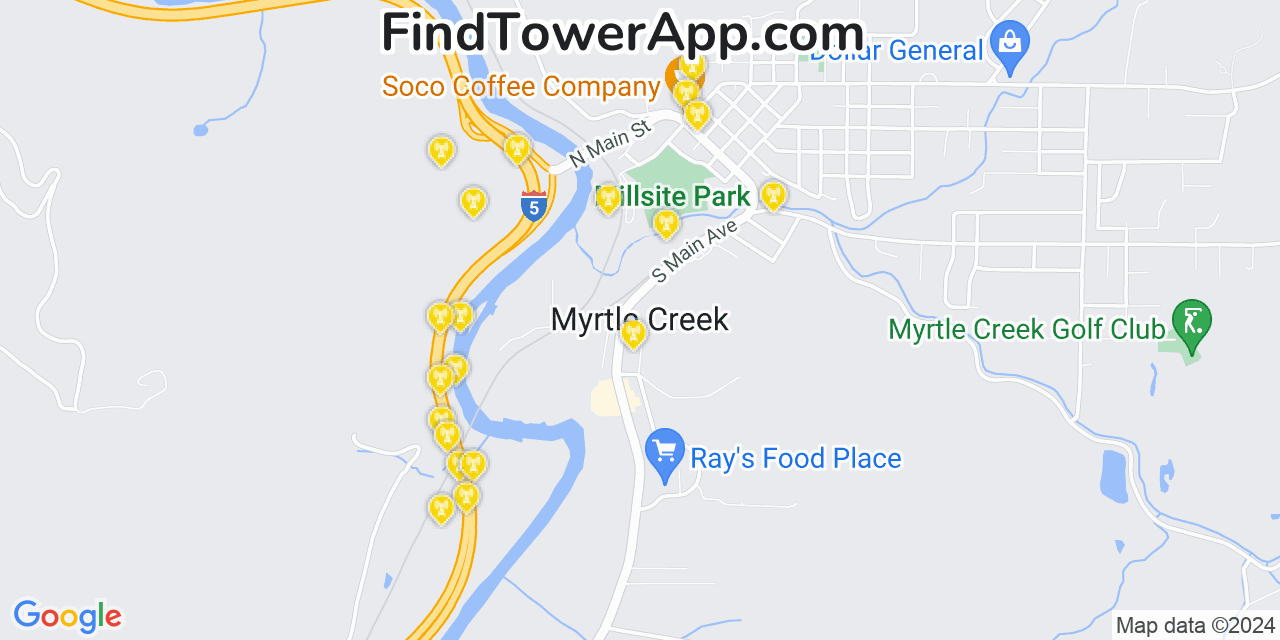 AT&T 4G/5G cell tower coverage map Myrtle Creek, Oregon
