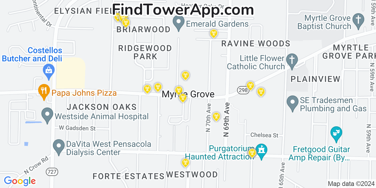 AT&T 4G/5G cell tower coverage map Myrtle Grove, Florida
