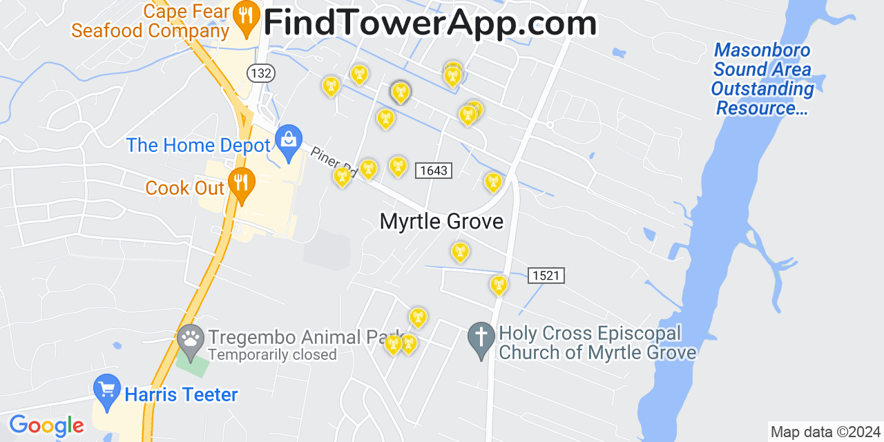 AT&T 4G/5G cell tower coverage map Myrtle Grove, North Carolina