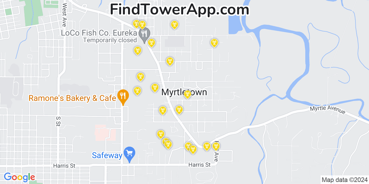 AT&T 4G/5G cell tower coverage map Myrtletown, California