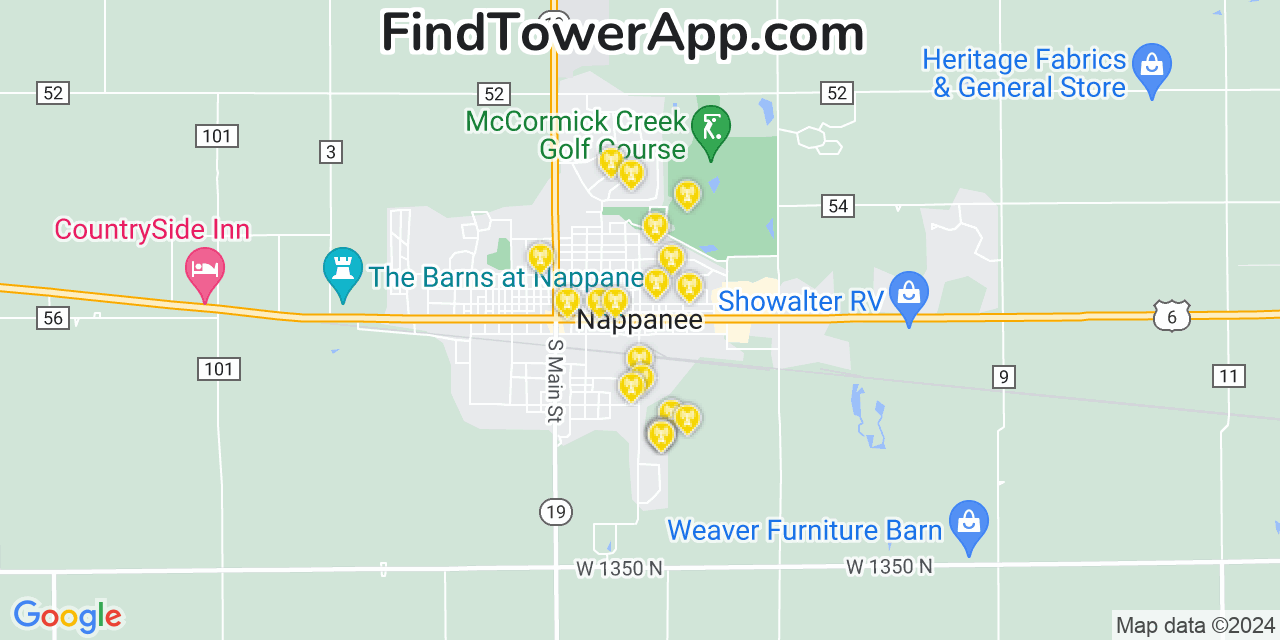 AT&T 4G/5G cell tower coverage map Nappanee, Indiana