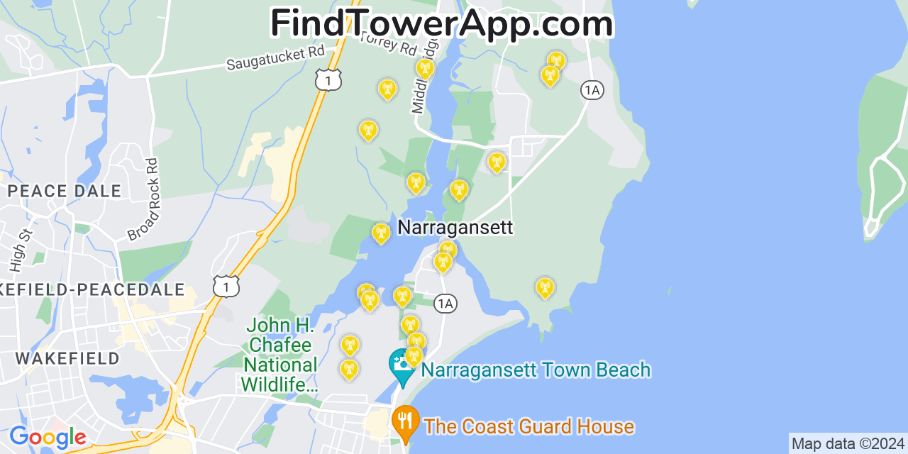 AT&T 4G/5G cell tower coverage map Narragansett, Rhode Island