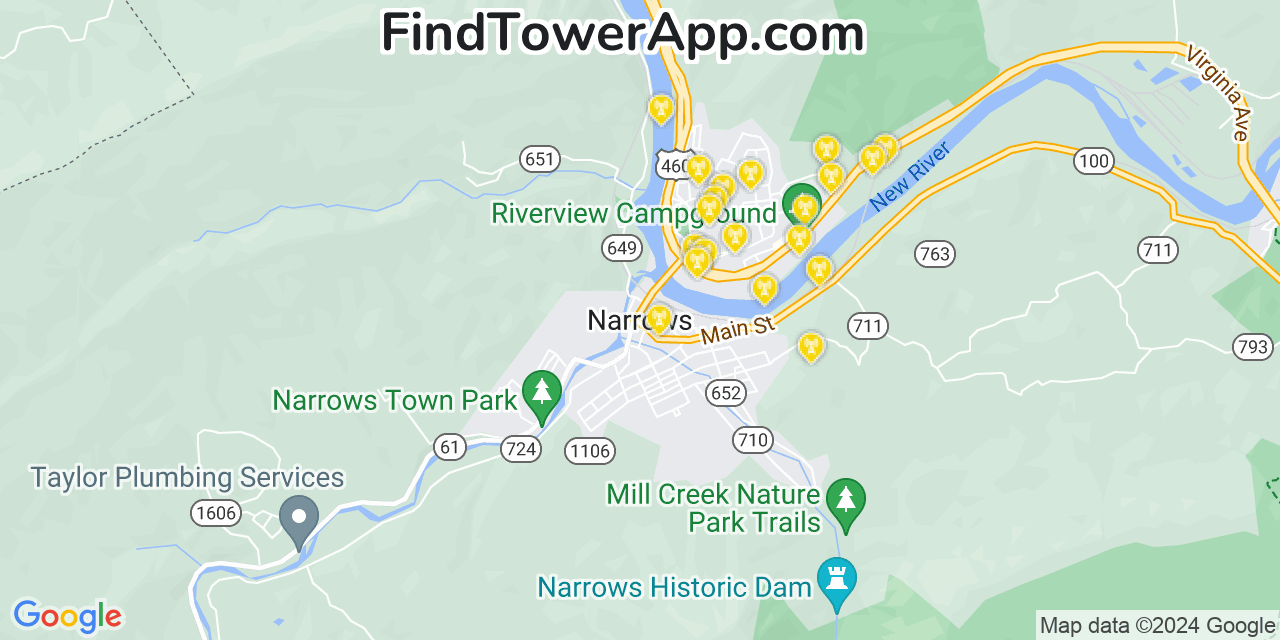 AT&T 4G/5G cell tower coverage map Narrows, Virginia