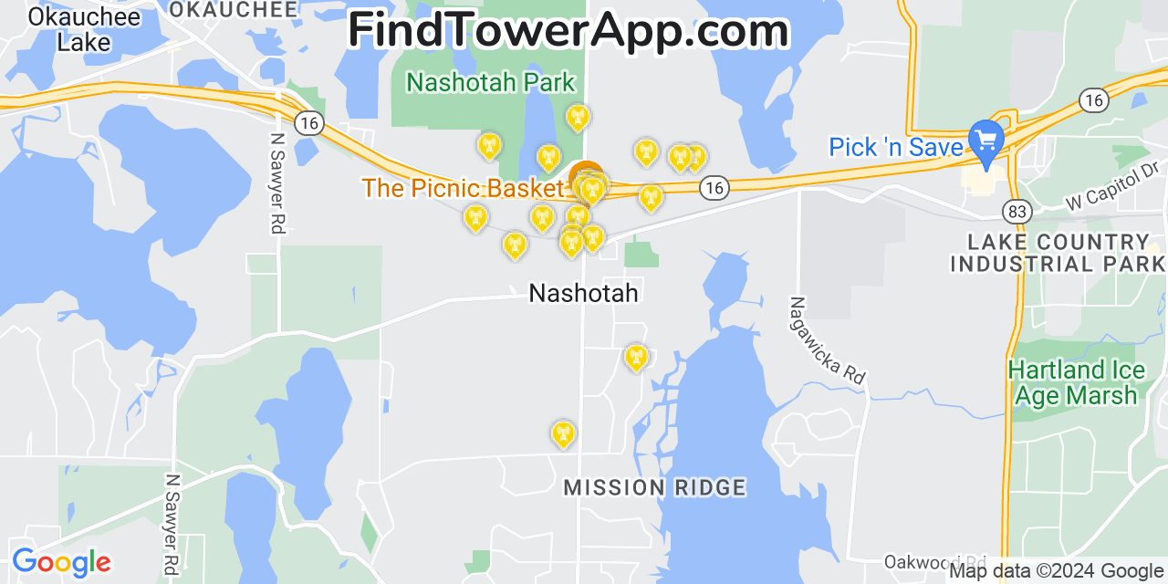 AT&T 4G/5G cell tower coverage map Nashotah, Wisconsin