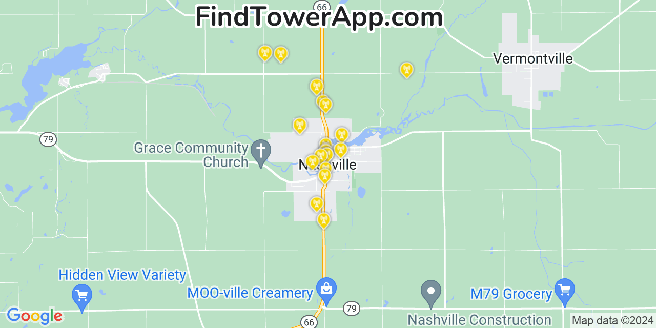 AT&T 4G/5G cell tower coverage map Nashville, Michigan