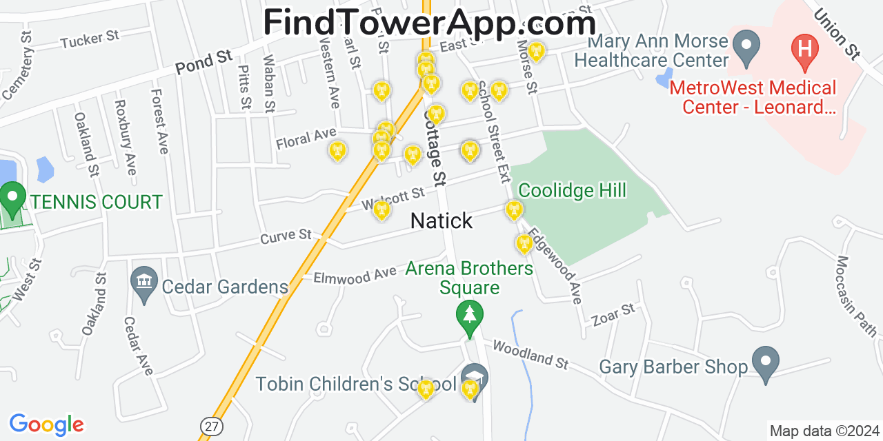 AT&T 4G/5G cell tower coverage map Natick, Massachusetts