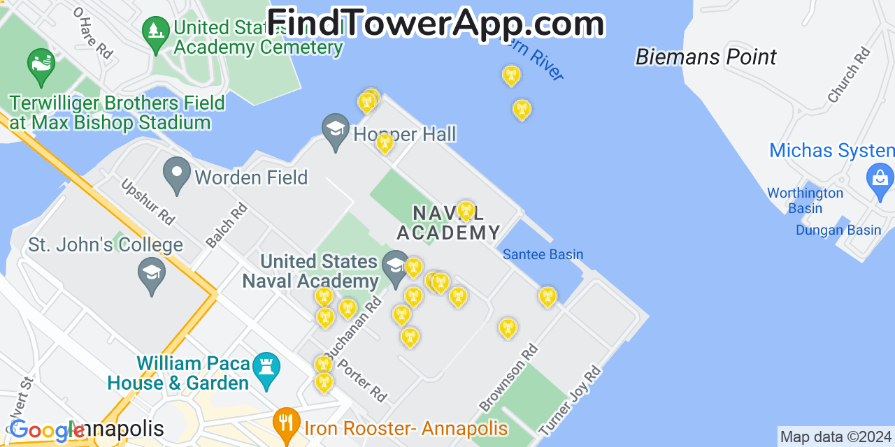 AT&T 4G/5G cell tower coverage map Naval Academy, Maryland