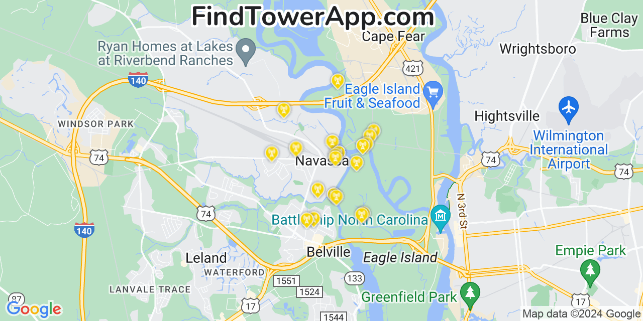 AT&T 4G/5G cell tower coverage map Navassa, North Carolina