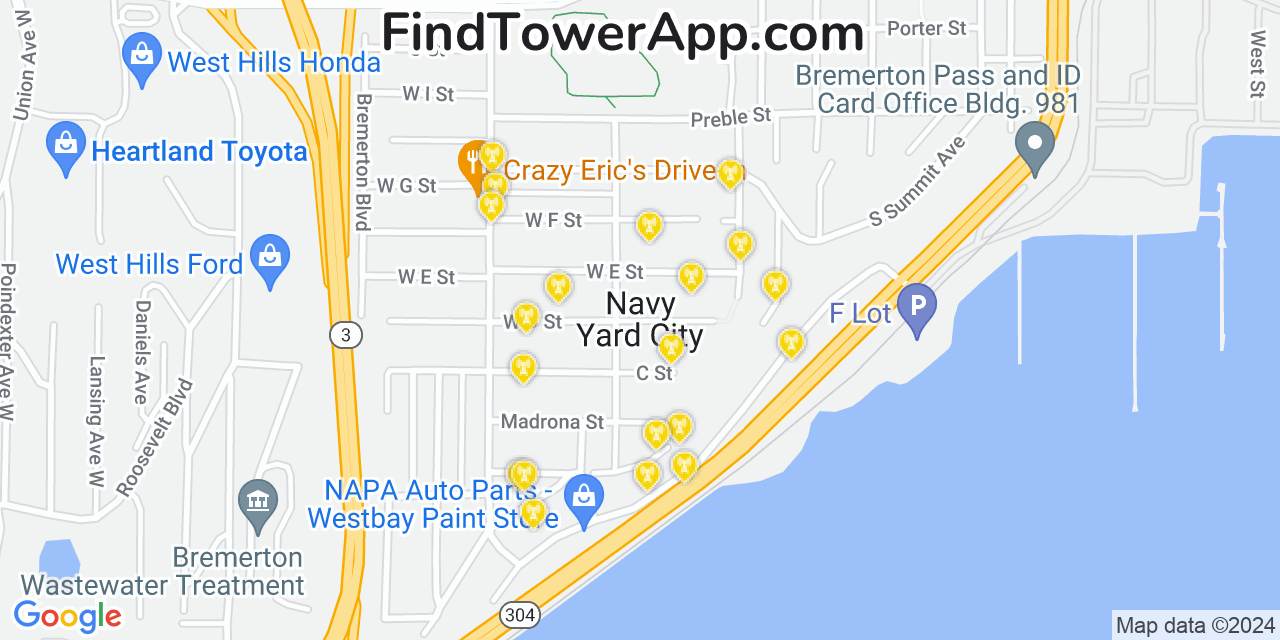 Verizon 4G/5G cell tower coverage map Navy Yard City, Washington