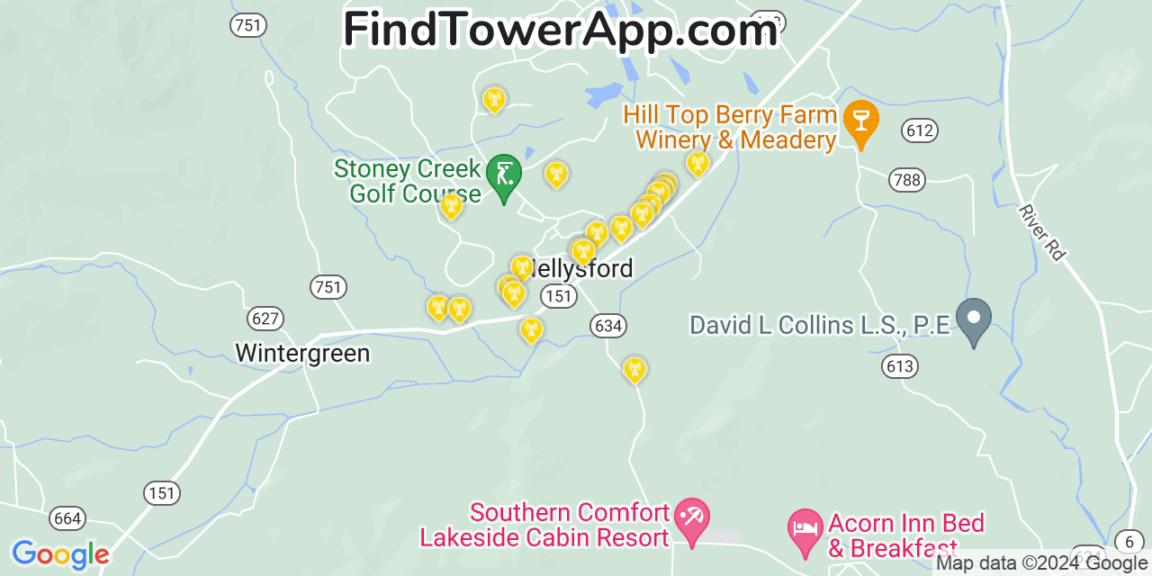 AT&T 4G/5G cell tower coverage map Nellysford, Virginia