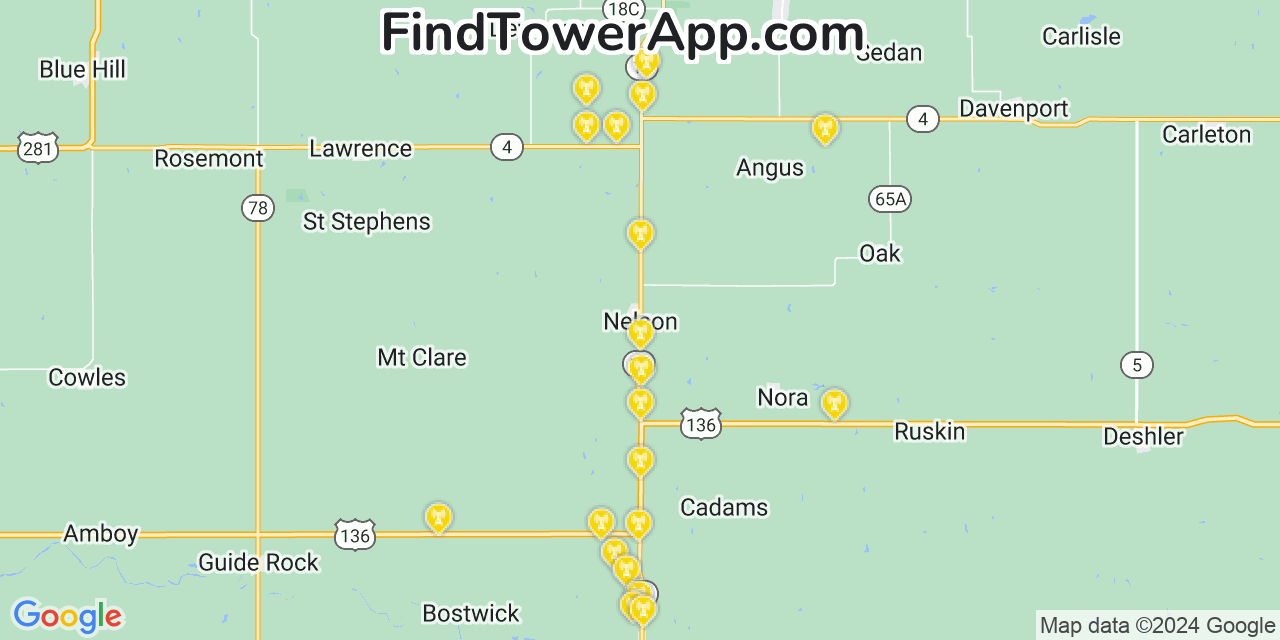 AT&T 4G/5G cell tower coverage map Nelson, Nebraska