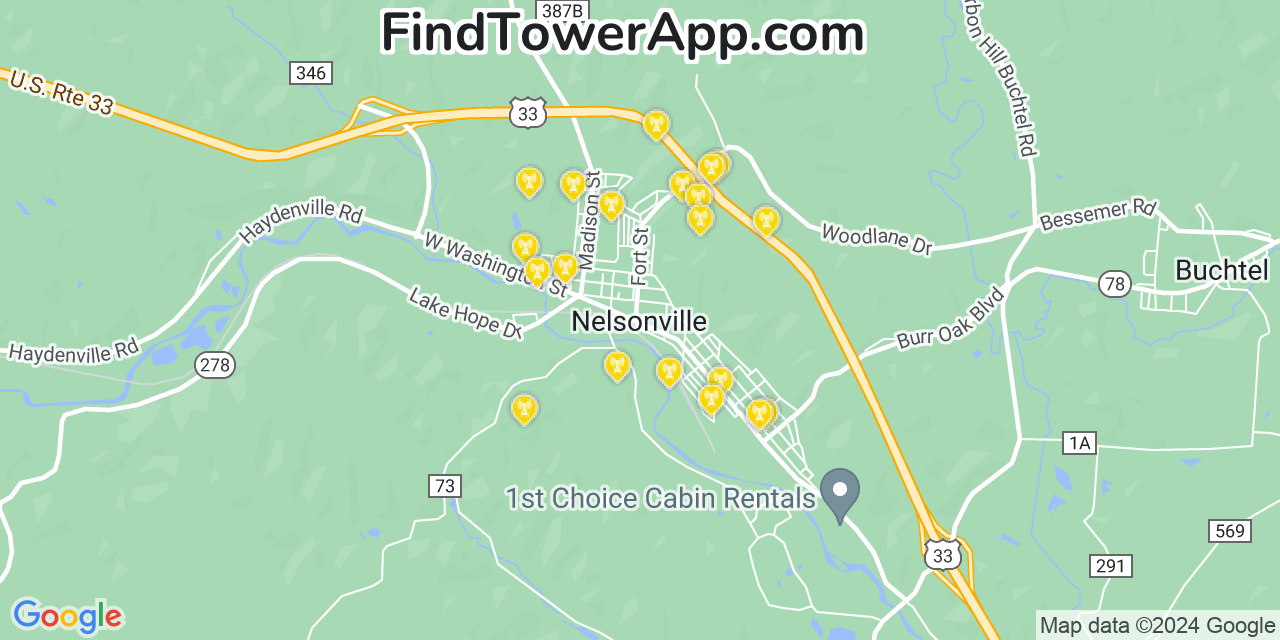 AT&T 4G/5G cell tower coverage map Nelsonville, Ohio
