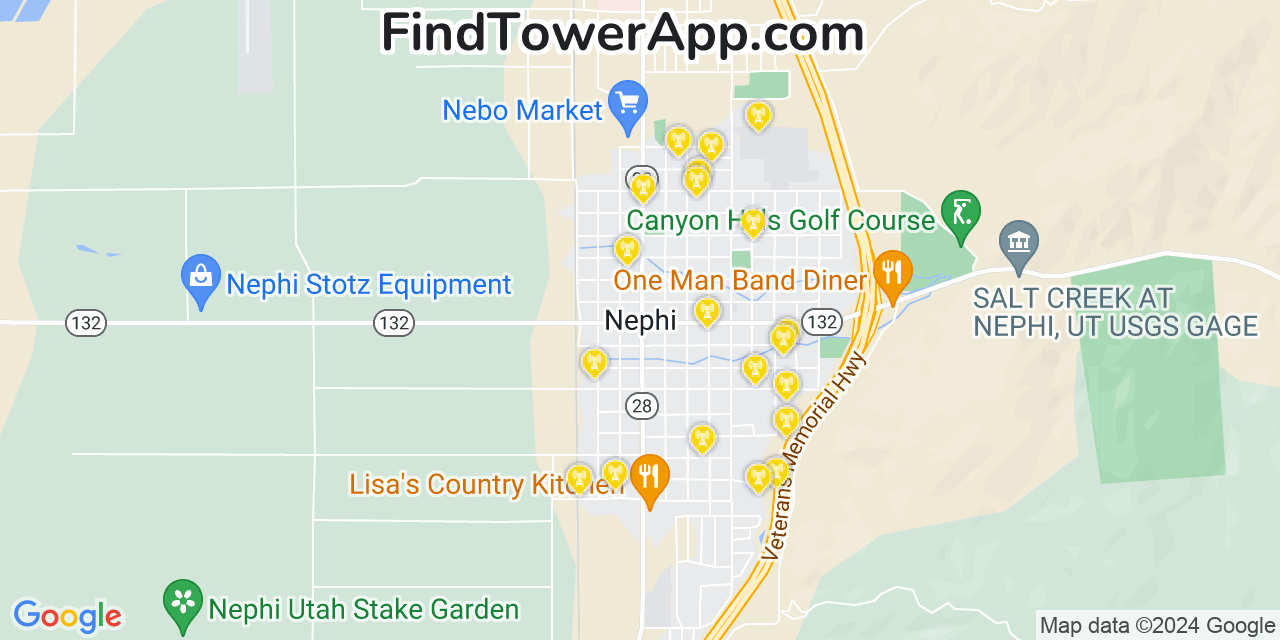 AT&T 4G/5G cell tower coverage map Nephi, Utah