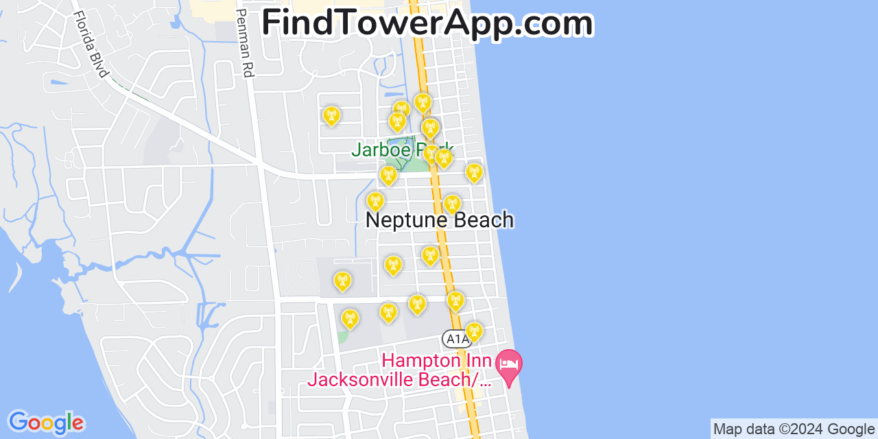 AT&T 4G/5G cell tower coverage map Neptune Beach, Florida