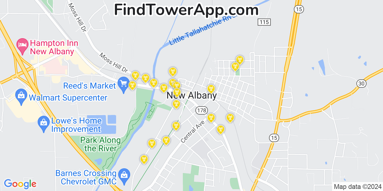 AT&T 4G/5G cell tower coverage map New Albany, Mississippi