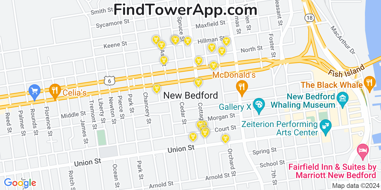 AT&T 4G/5G cell tower coverage map New Bedford, Massachusetts